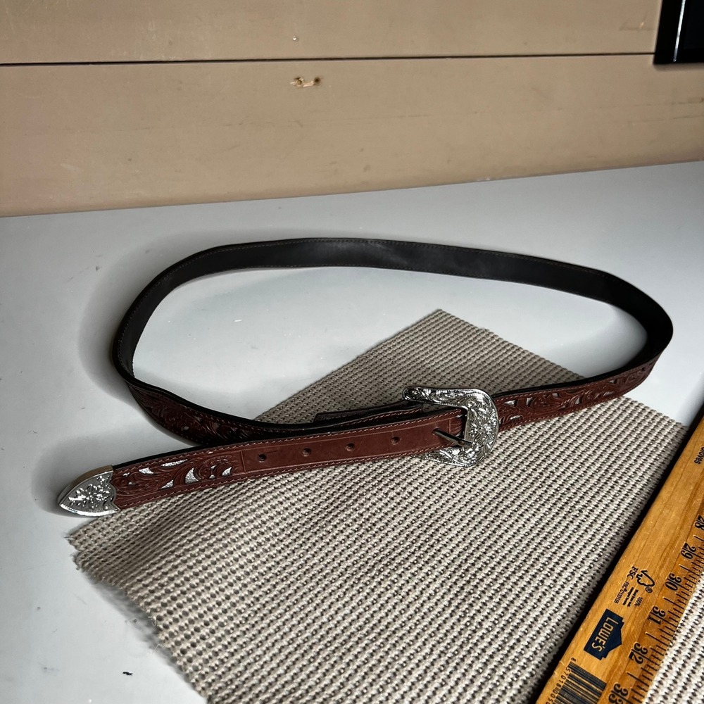 Shyanne Western Floral Tooled Brown Leather Belt Silver Filigree Buckle XL